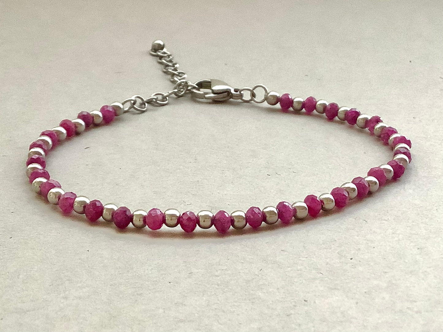 Natural Ruby Beaded Bracelet, Stainless Steel adjustable genuine Ruby precious gemstone bracelet, minimalist fuchsia ruby bracelet,rare gems