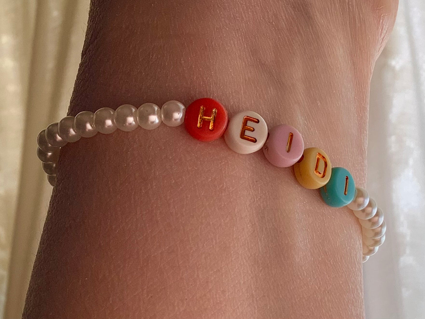 Name bracelet, personalized letters, glass pearl bracelet with, colorful letter beads, stretch bracelet, word bracelet, gift for her