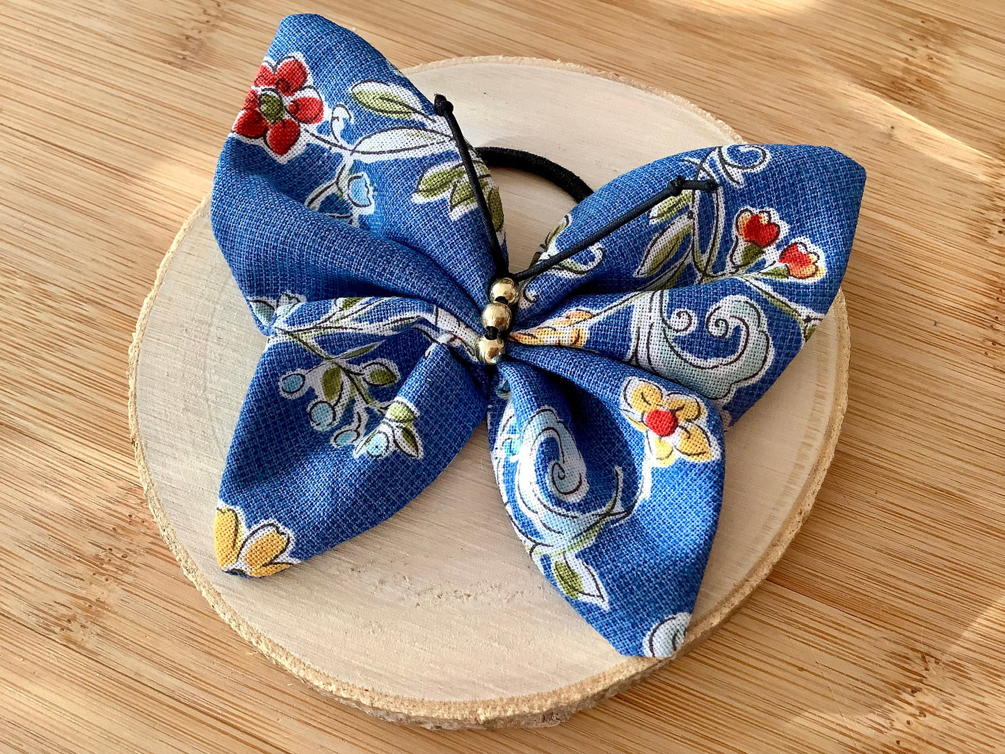 Butterfly pony tail holder, fabric butterfly for hair, girls hair accessories, hair ties for women, blue hair bow, floral hair accessories