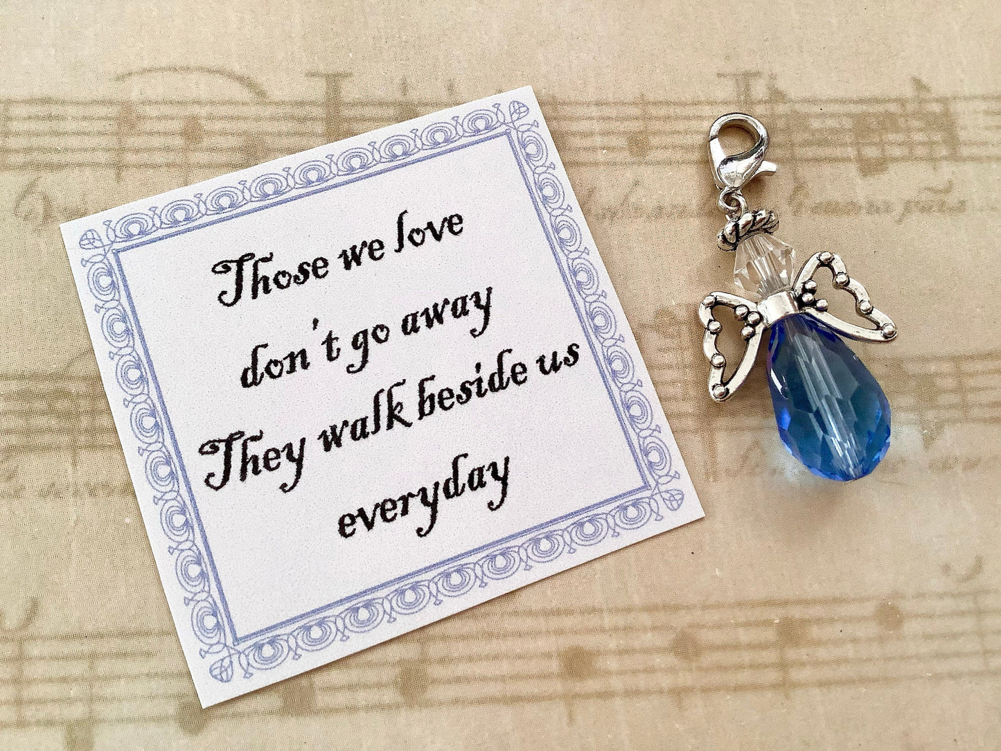 Angel for the Bride, Blue Bouquet Charm, Something Blue Glass Wedding Bouquet Angel w/Card Wedding Gift, Those we love don’t go away saying