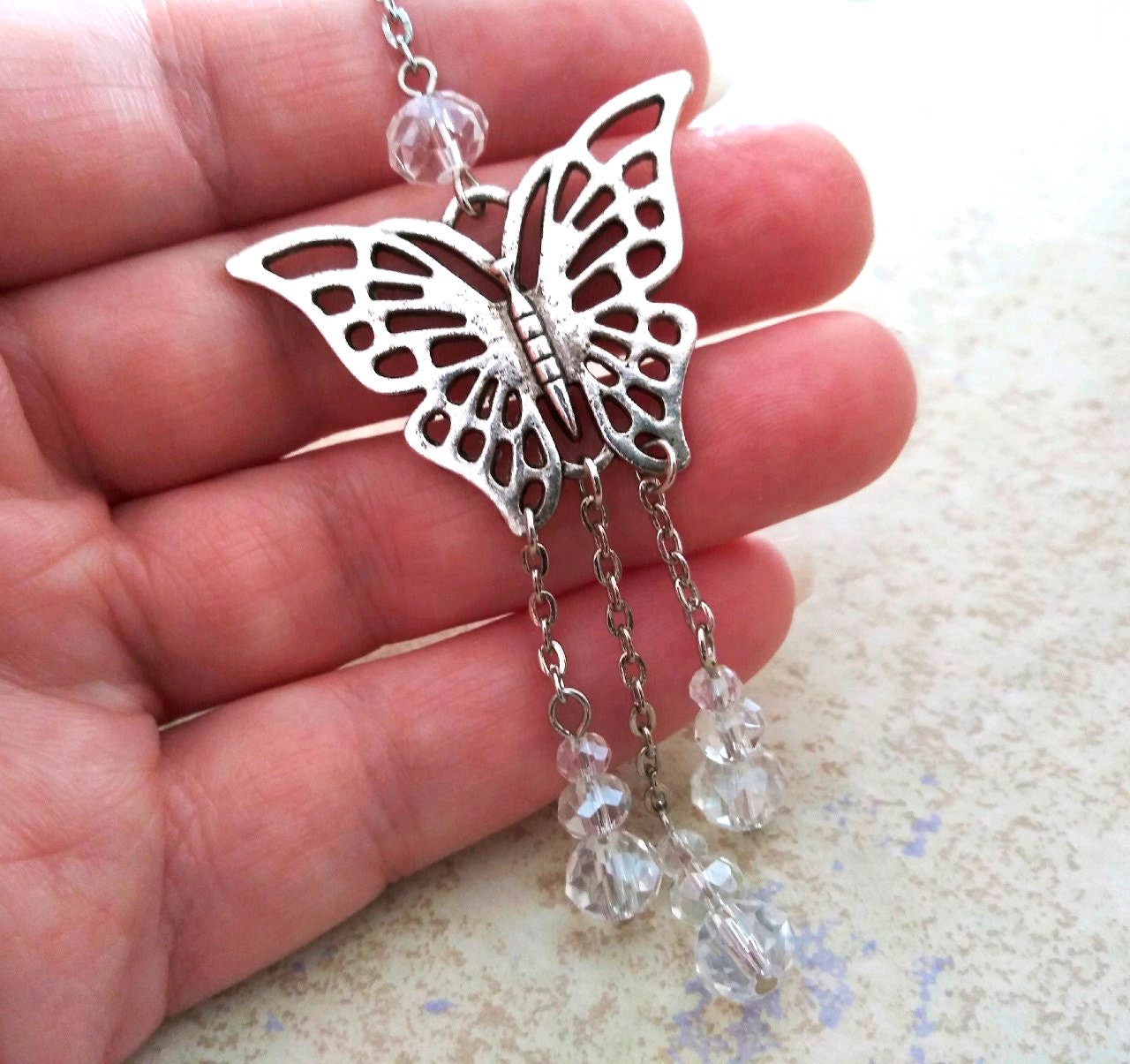 Butterfly Dream-catcher Style Dangling Crystal Sun-catcher Car Charm, Butterfly Rear View Mirror Car Charm Ornament with Saying Card New Car