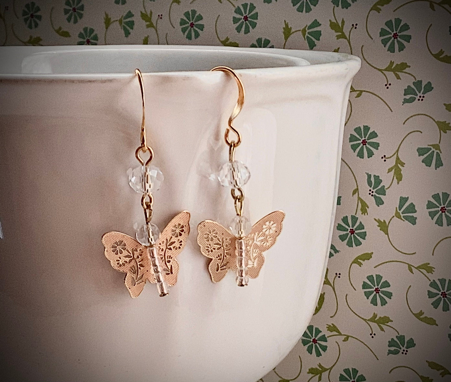 Delicate and dainty butterfly earrings, filigree lace look soft gold-tone butterflies, spring accessories, lightweight hypoallergenic