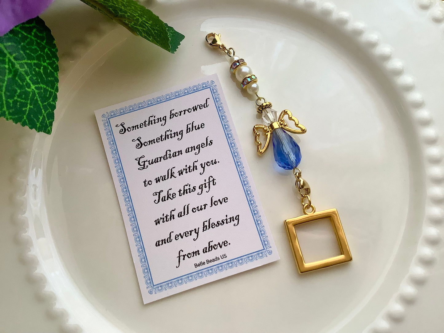 Wedding Bouquet Photo Charm, Something Blue Daughter Gift, Angel w/Card Wedding Dress Angel, Guardian Angel Bridal Shower Gift, Bride Gift