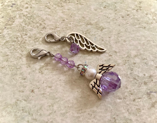 JUNE Birthstone Angel and Wing Charm Set Lobster Clasp for Bracelet-Tibetan Silver Wing Light Amethyst Violet colored Crystal, Locket Dangle