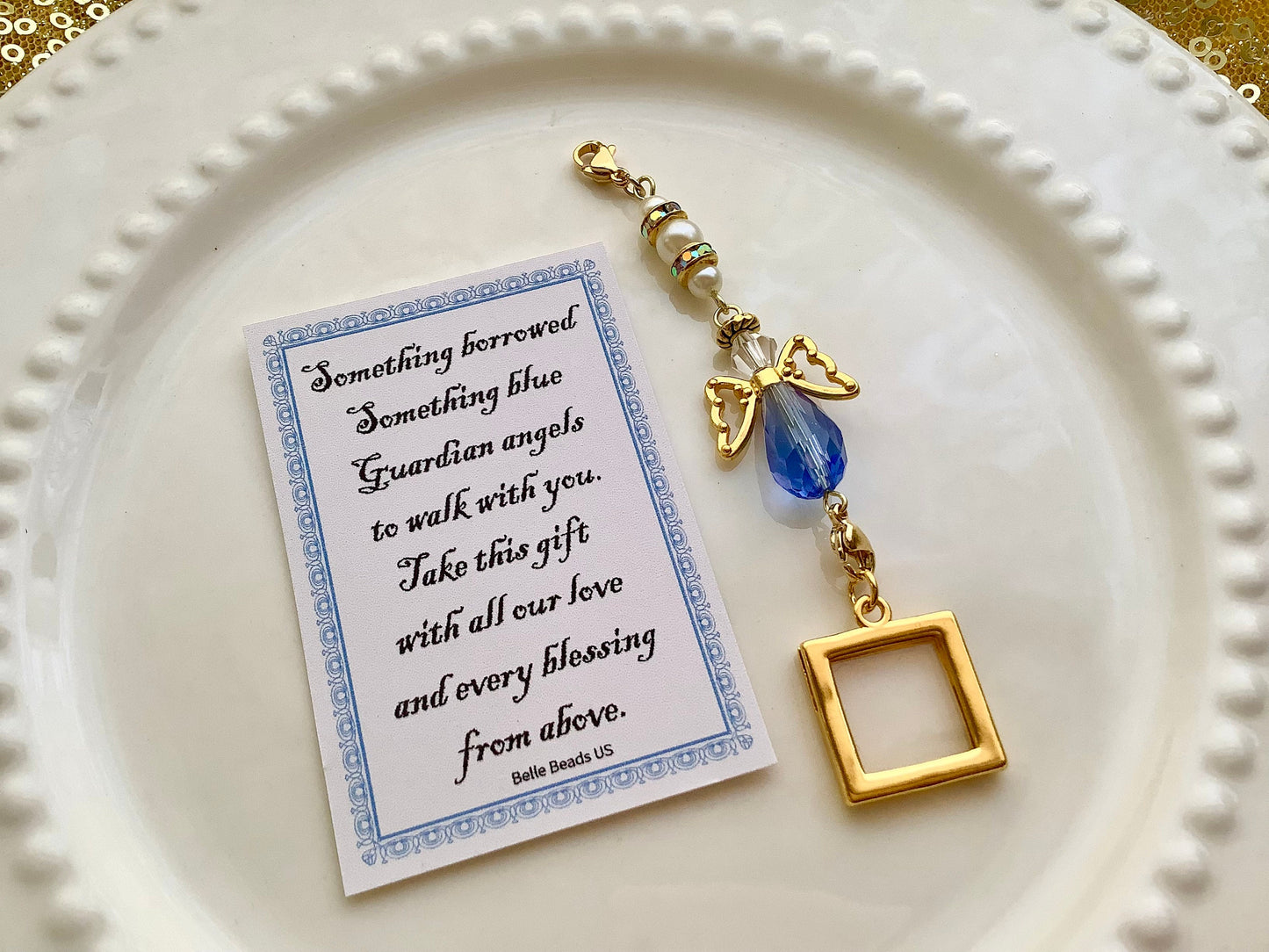 Wedding Bouquet Photo Charm, Something Blue Daughter Gift, Angel w/Card Wedding Dress Angel, Guardian Angel Bridal Shower Gift, Bride Gift