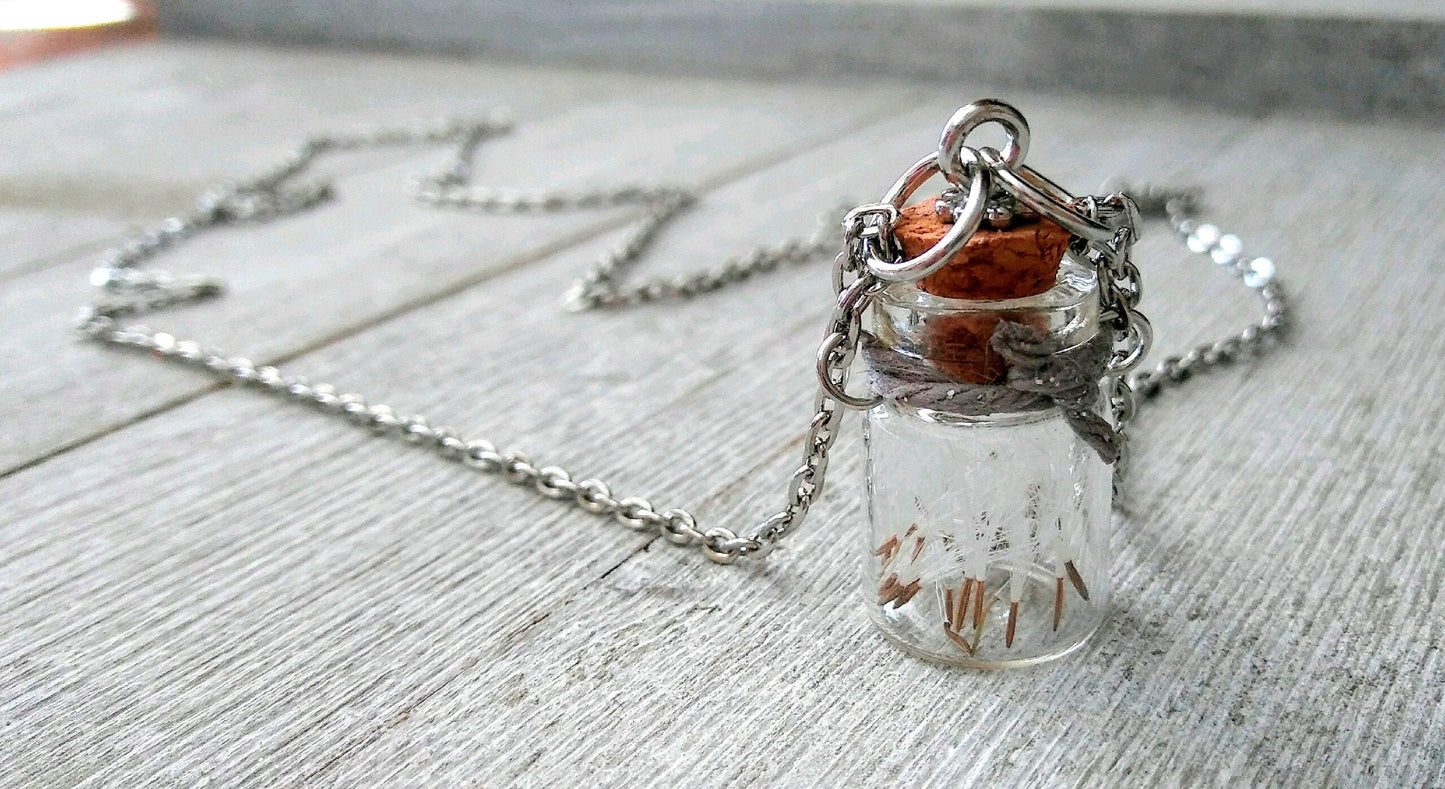 Dandelion Seed Necklace -bottle necklace -tiny jar - Make A Wish Pendant Necklace Glass Vial Detachable Removable Cork Lid Refillable Saying