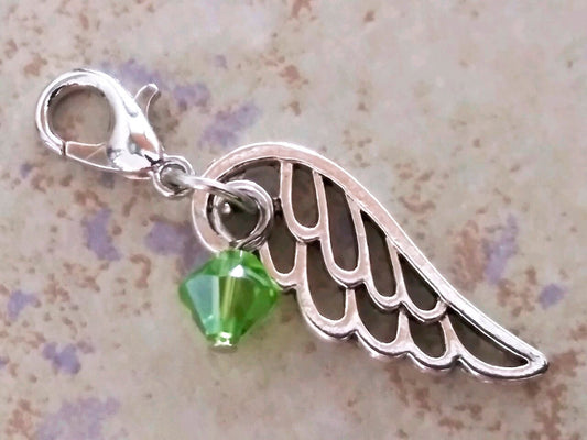 AUGUST Birthstone Angel Wing Charm with Clip on Lobster Clasp for Bracelet-Tibetan Silver Wing Peridot Green Crystal, Floating Locket Charm