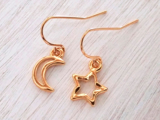 Star and Moon Earrings, Celestial Open 22kt Gold Plated Cadmium & Lead Free Pewter Charms with Gold Plated Steel Ear-wires, Minimalist, Tiny