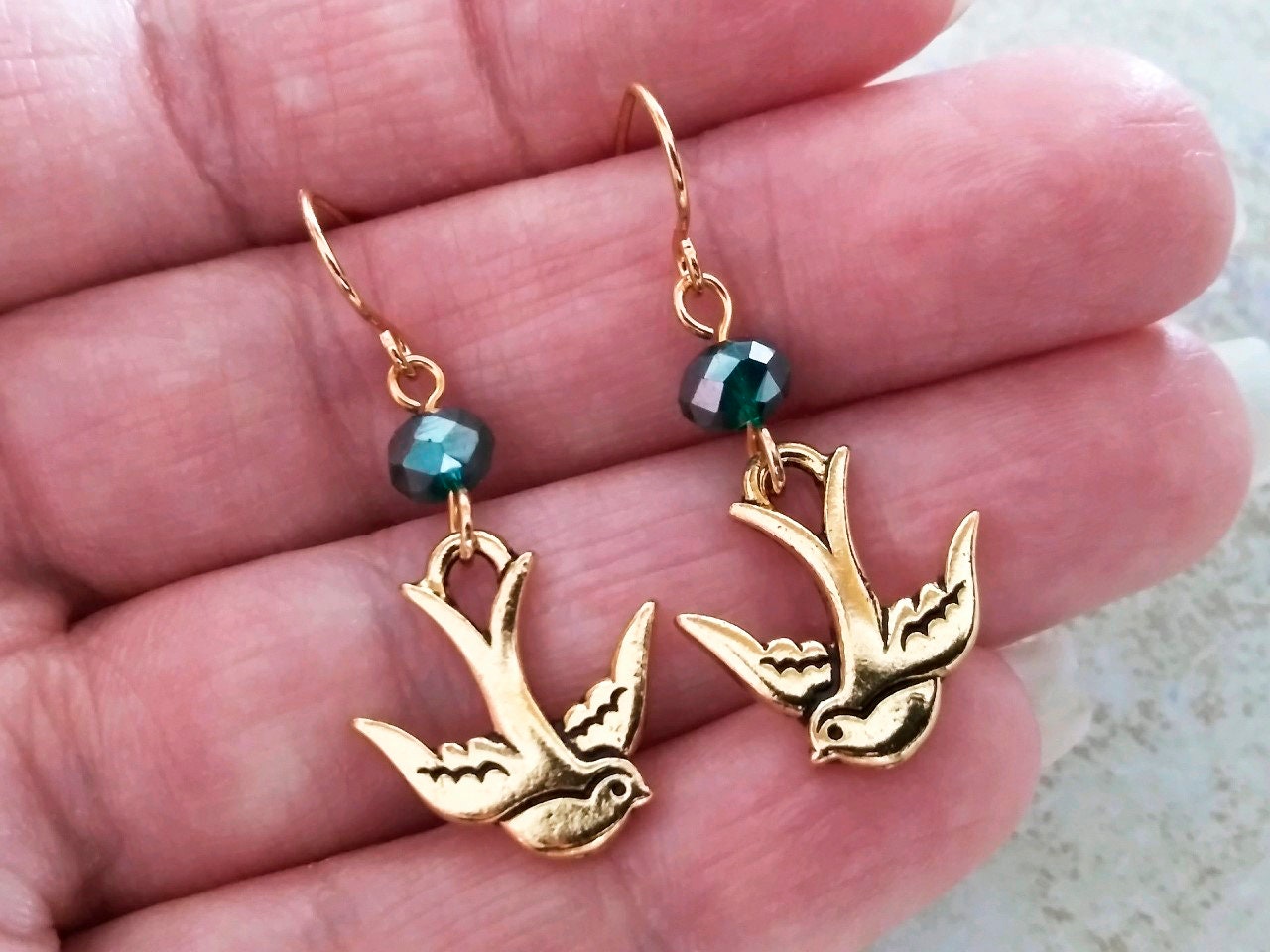 Swallow Earrings, Golden Flying Swallow Dangle Earrings, Flying Bird Earrings, Bluebird, Vintage Wedding, Teal, Unique Bridesmaid Earrings