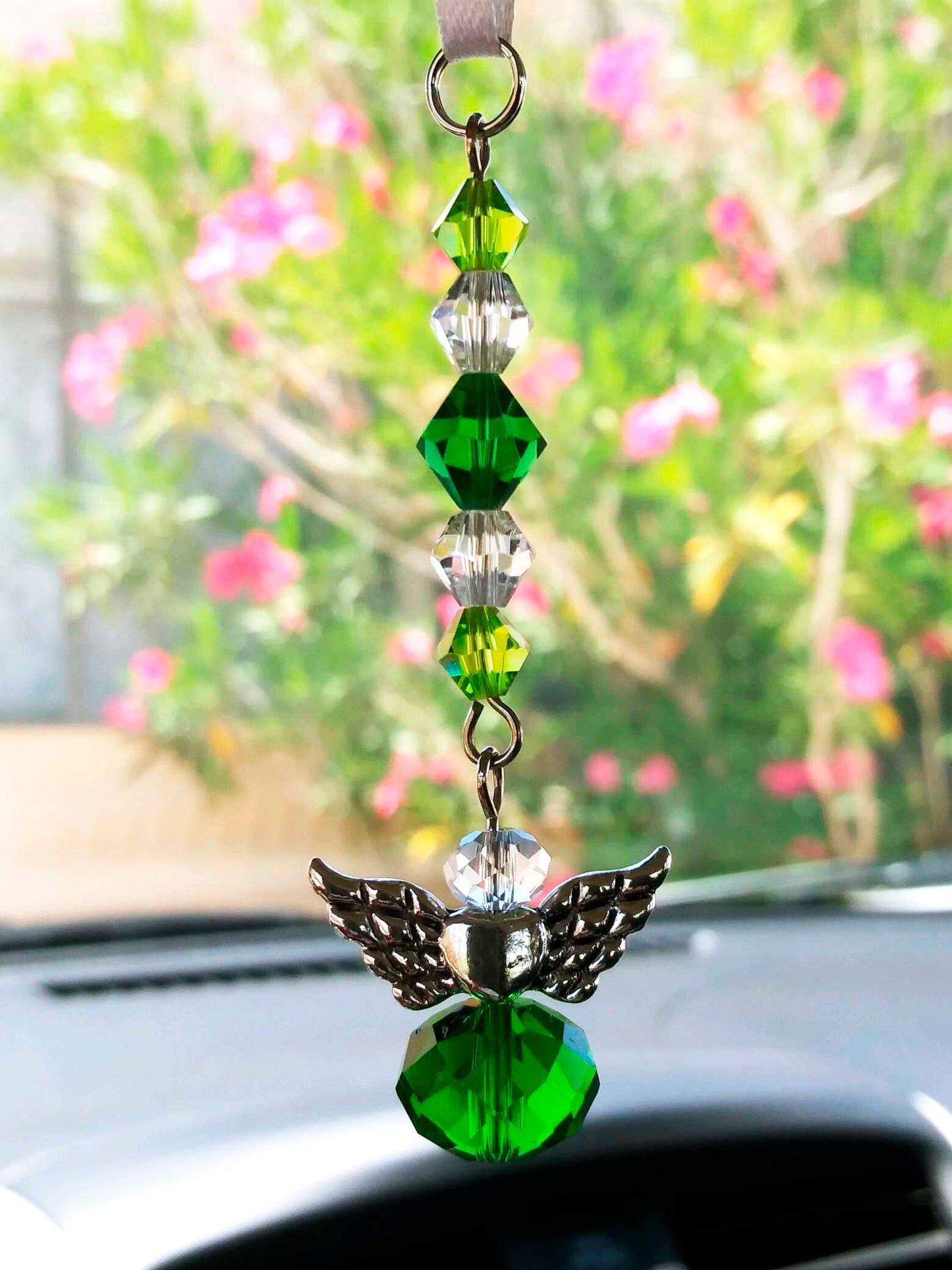 Tiny Angel Car Charm Sun-catcher with Glass Beads, Car ornament, lucky angel for car, rear view mirror car charm, green glass charm, purple