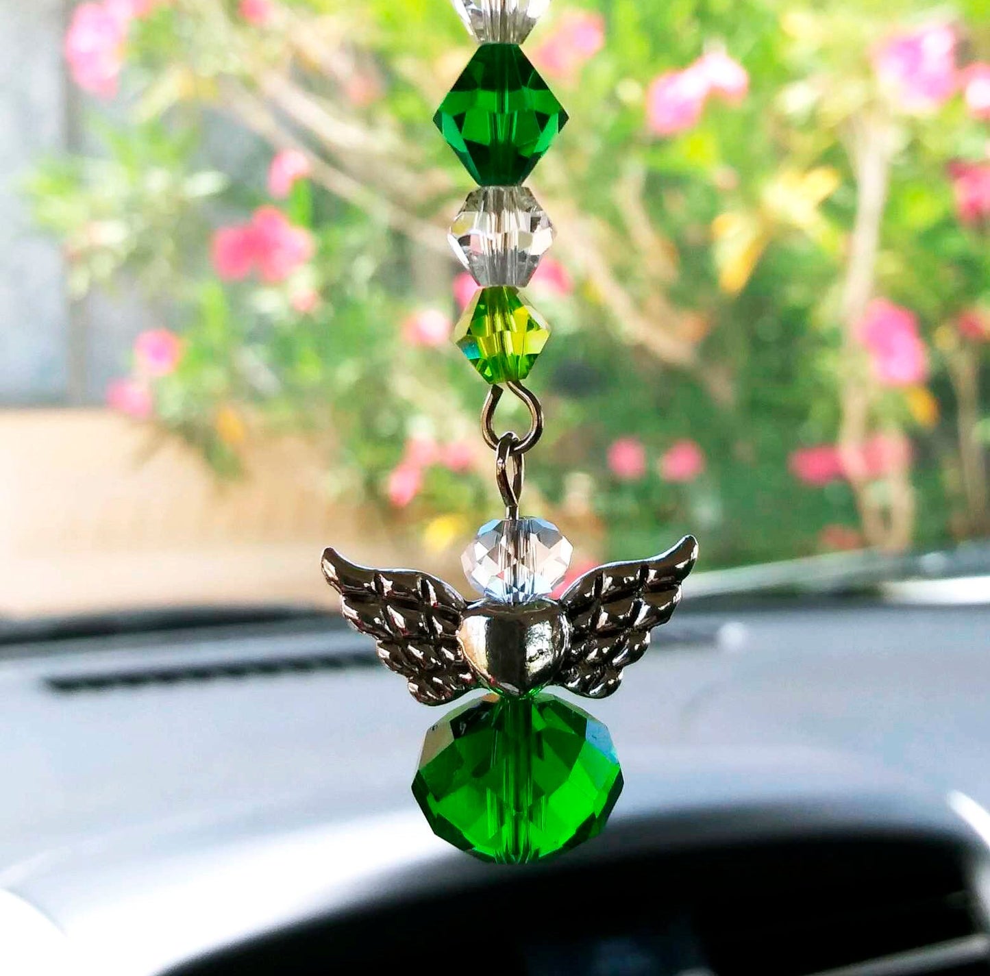 Tiny Angel Car Charm Sun-catcher with Glass Beads, Car ornament, lucky angel for car, rear view mirror car charm, green glass charm, purple