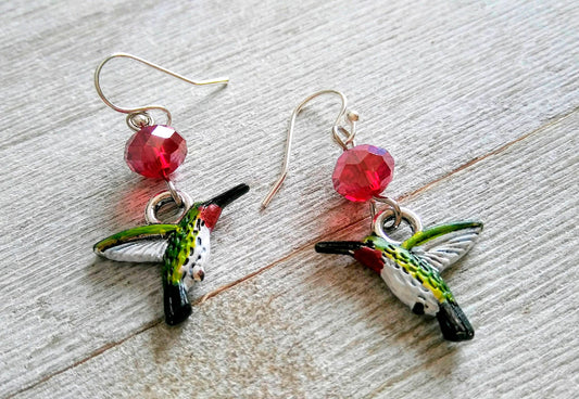 Hummingbird earrings, hand-painted earrings- red colored glass beads -ruby throat hummingbird-Silver Plated Ear Wires-colorful-Love and Luck