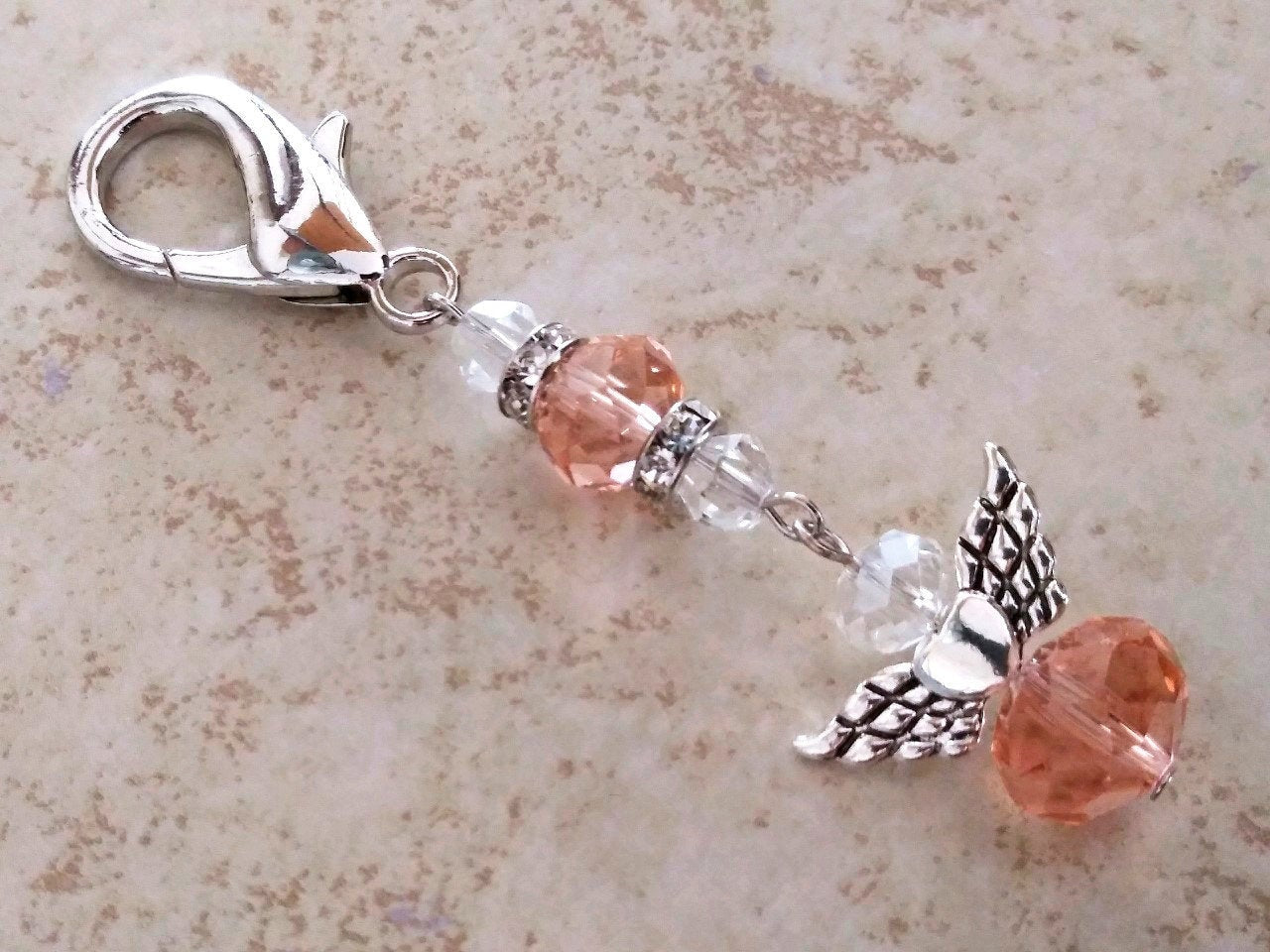 Guardian Angel Purse Charm with Clasp Claw, Peach & Clear Glass Beads, Beaded Angel, BFF Gifts, Teachers, Faith, Nurse Gifts, Bus Driver