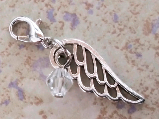 APRIL Birthstone Angel Wing Charm with Clip on Lobster Clasp for Bracelet-Tibetan Silver Wing Clear Glass Diamond colored Crystal, Memory