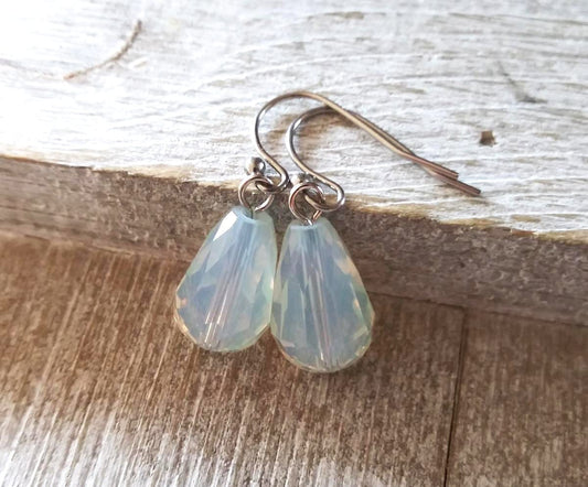 White Opal Czech Glass Crystal Teardrop Earrings with Stainless Steel Fish Hook Style Ear-wires, Everyday Earrings, Earrings for the Bride