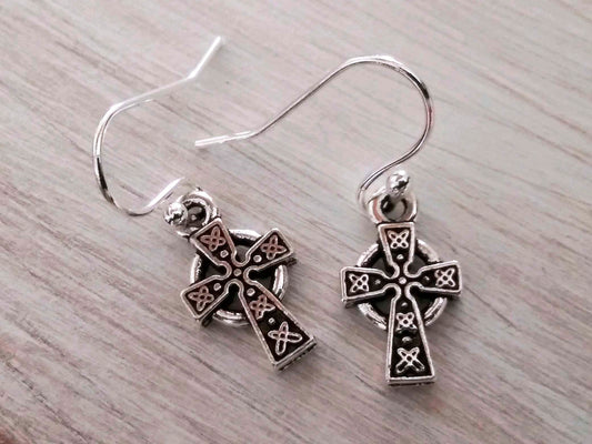 Celtic cross earrings, Silver Cross Earrings, Silver Plated Steel Hooks, Small Crosses, religious gifts, Baptism, Communion, Tiny Silver