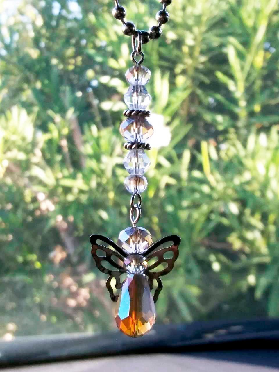 Guardian Angel Rearview Mirror Car Charm, Window Decoration, Ornament, In Memory, Remembrance of a Loved One,New Driver, Orange & White Opal