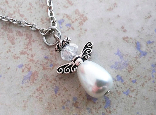 White Pearl Angel Necklace Pendant Silver Wedding Handmade For Women or Girls, Flower Girl, Angel for the bride, Guardian Angel Baptism Gift