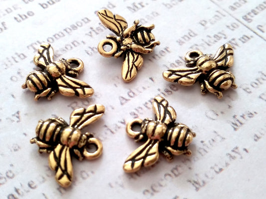 Honeybee Charm, 5 Pieces, Antiqued Gold Plate, TierraCast Bee Charm, Part Number: 94-2118-26, for Jewelry Making, Spring Charms, Double Side