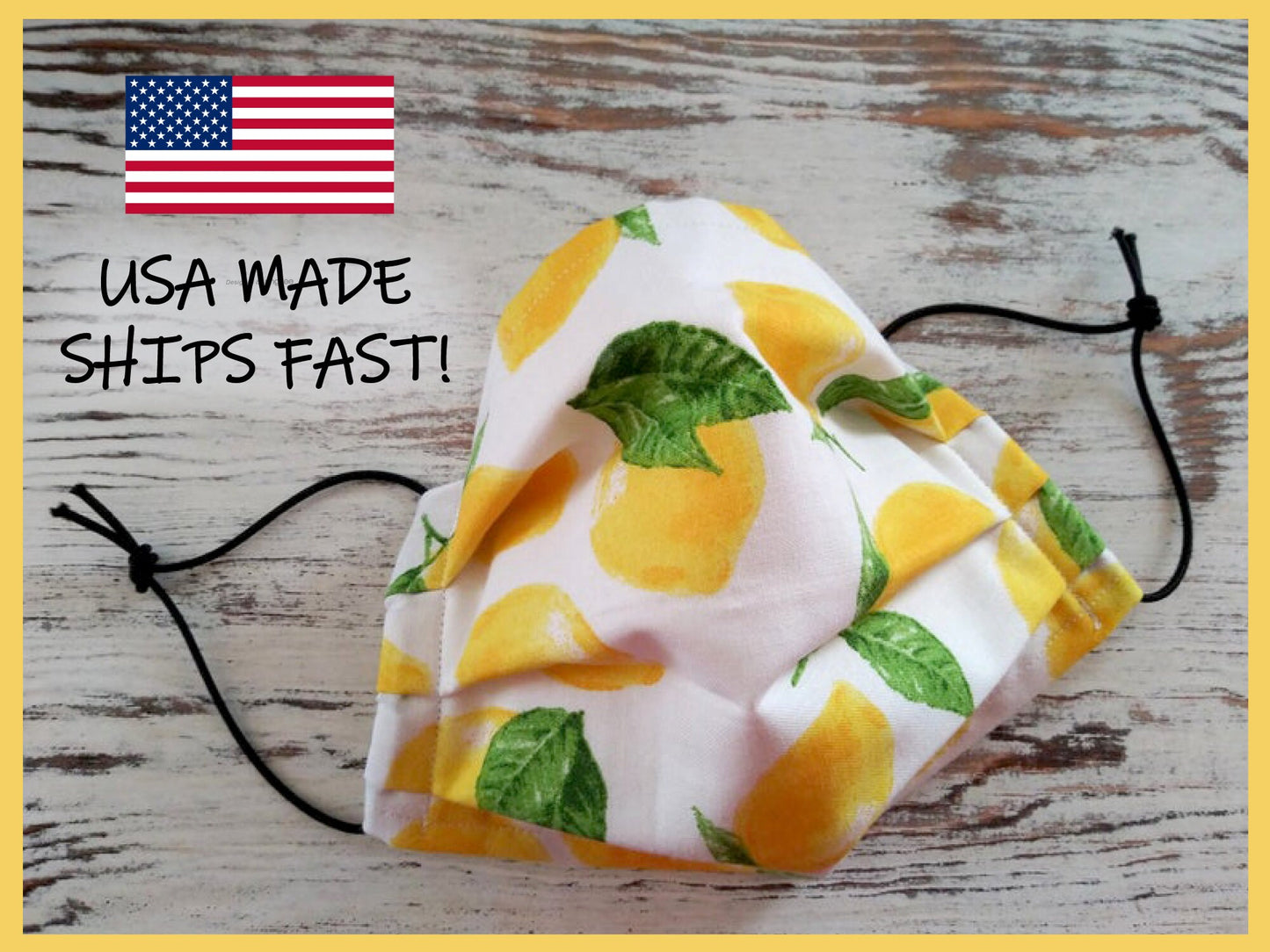 USA Made Facemask Lemons Adult Size Flannel Lined Washable Cotton Cloth Mask With Adjustable Elastic Ear Loops Citrus Fruit Mask Yellow Mask