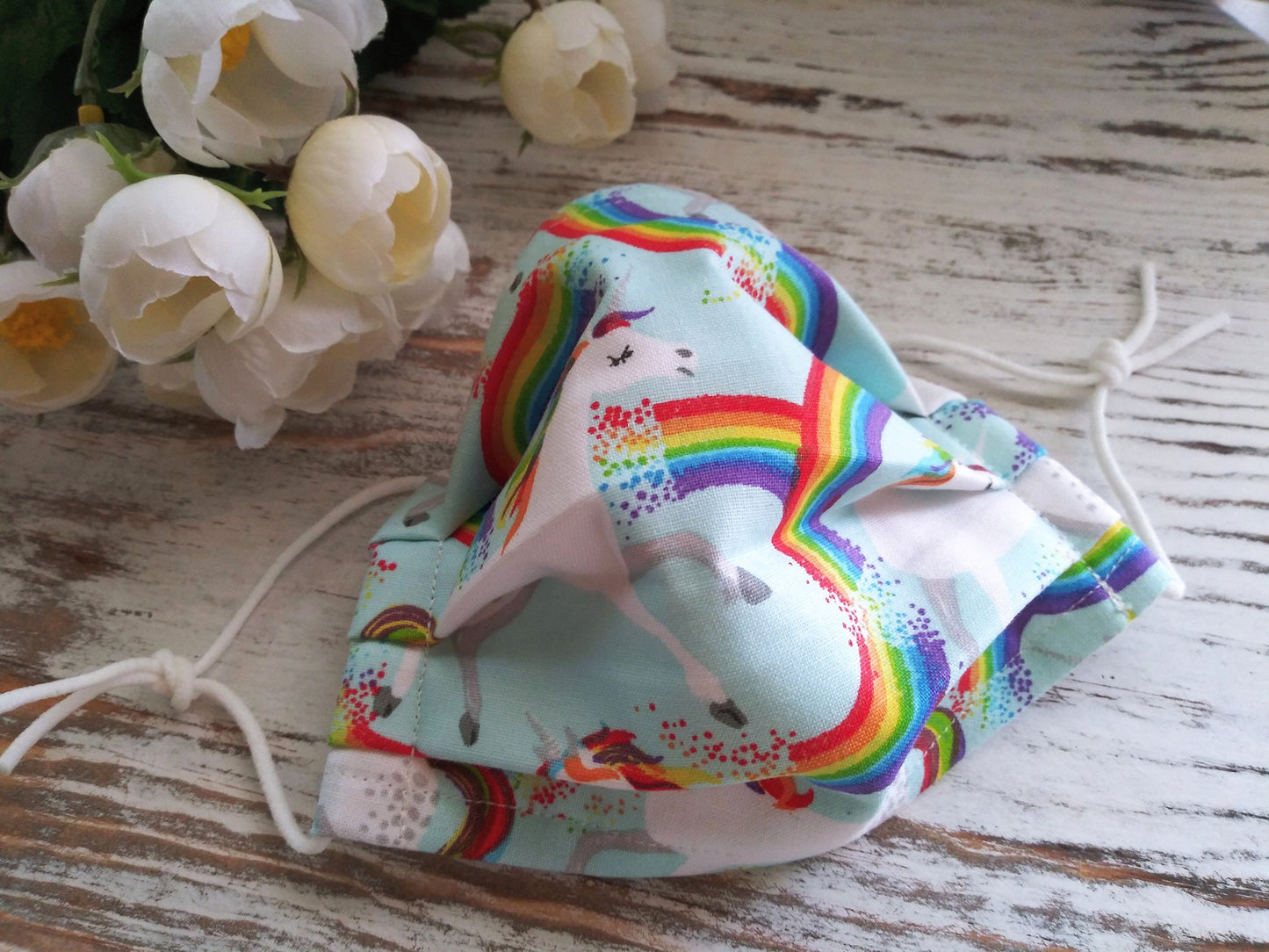 Unicorns with Rainbows facemask, Child's cotton face mask, kids facemask, kids unicorn mask, reusable child's mask, mask for girls, washable