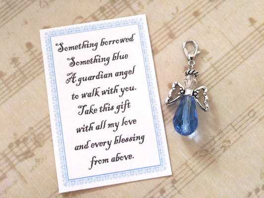 Blue bridal charm for bouquet, blue crystal angel for bouquets, garters, and more, bride to be gift, gift boxed with small card as shown