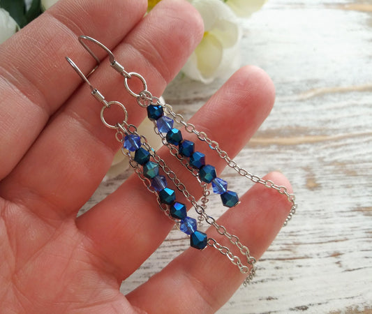 Blue Dangle Earrings / Long Chain Earrings / Blue Glass Crystals / Silver Chain / Boho Earrings / Stainless Steel Hooks