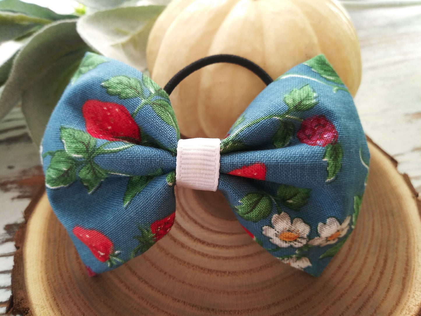 Girls Blue Hair Bow - Berries - Pony Tail Elastic - Pony Tail Bow - Hair Bows - Braids - Woodland Hair Tie -Handmade - Girls - Bands