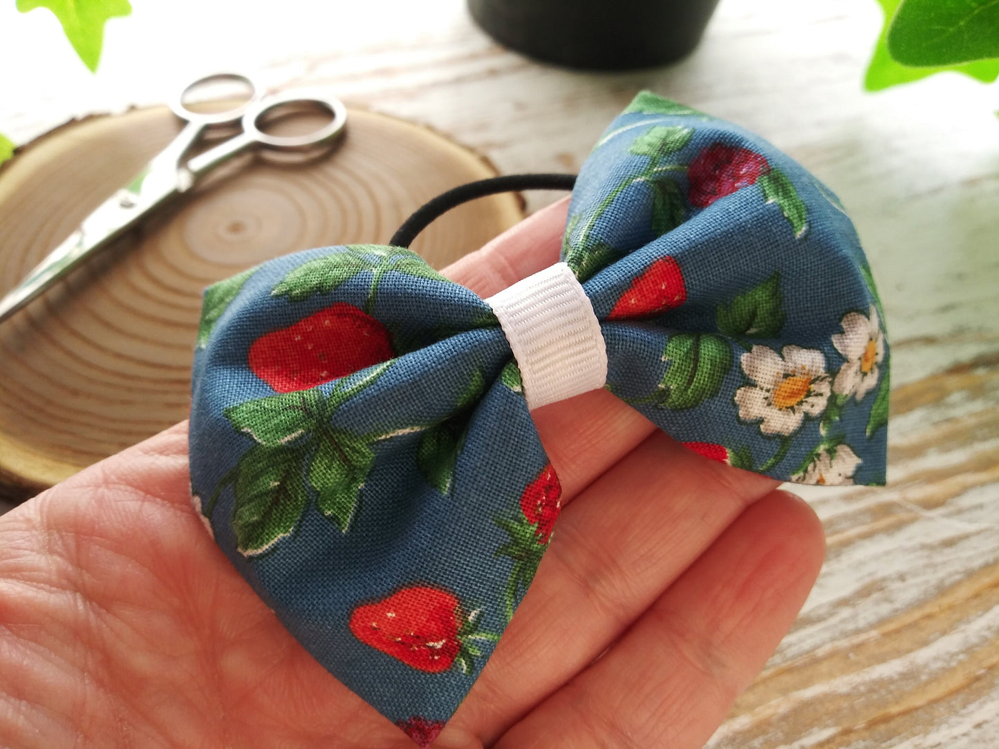 Girls Blue Hair Bow - Berries - Pony Tail Elastic - Pony Tail Bow - Hair Bows - Braids - Woodland Hair Tie -Handmade - Girls - Bands