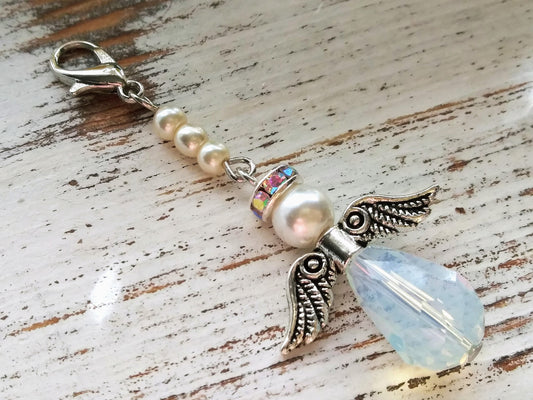 Tiny Opal and Glass Pearls Angel Charm, Memory Charm, Bible Case, Purse, Car Charm, Planner Charm, Bridesmaid Charm, Custom Charms