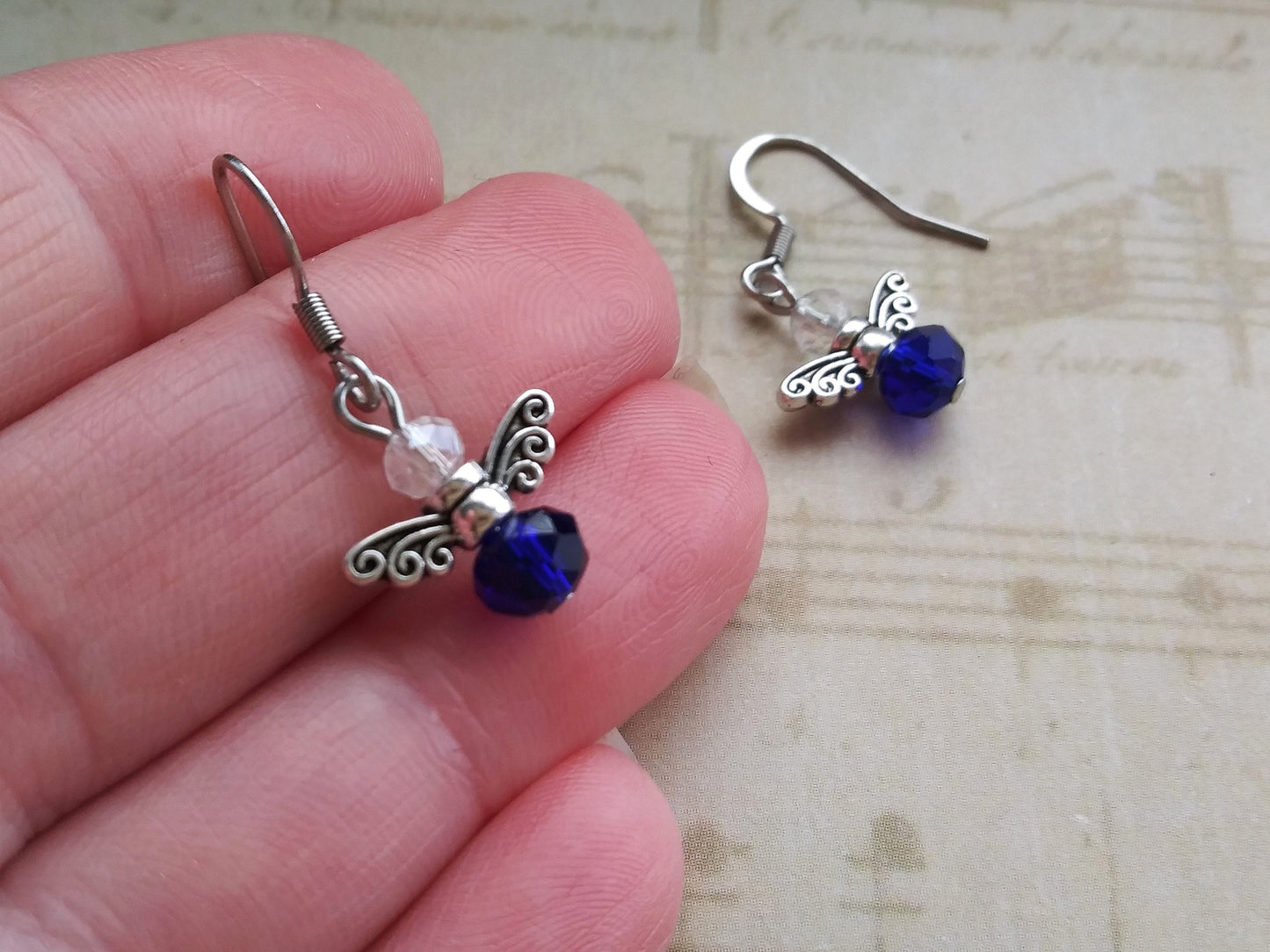 Cobalt Blue Glass Crystal Tiny Angel Earrings with Stainless Steel Earwires, Hypoallergenic Angel Earrings, For Women and Girls, Lightweight