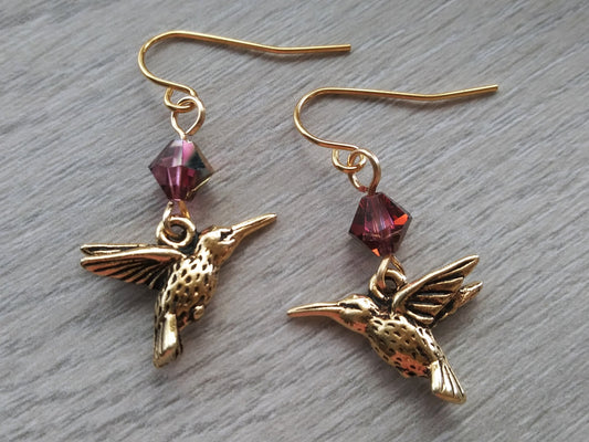 Hummingbird Earrings with Crystals, gold plated steel hooks, gold plated lead free pewter charms, USA artisan earrings