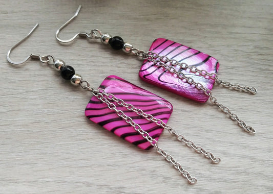 Zebra Dangle Earrings, Chain Earrings, Hot Pink Earrings, Shell Earrings, Sexy Earrings, Stainless Steel Hooks, Long, Short Hair Earrings