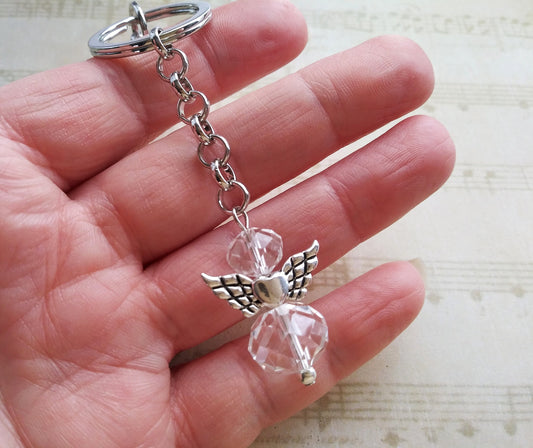 Guardian Angel Keychain, Purse Charm with Clasp Claw, Clear Glass Beads, Beaded Angel, BFF Gifts, Teachers, Faith, Nurse Gifts, Bus Driver