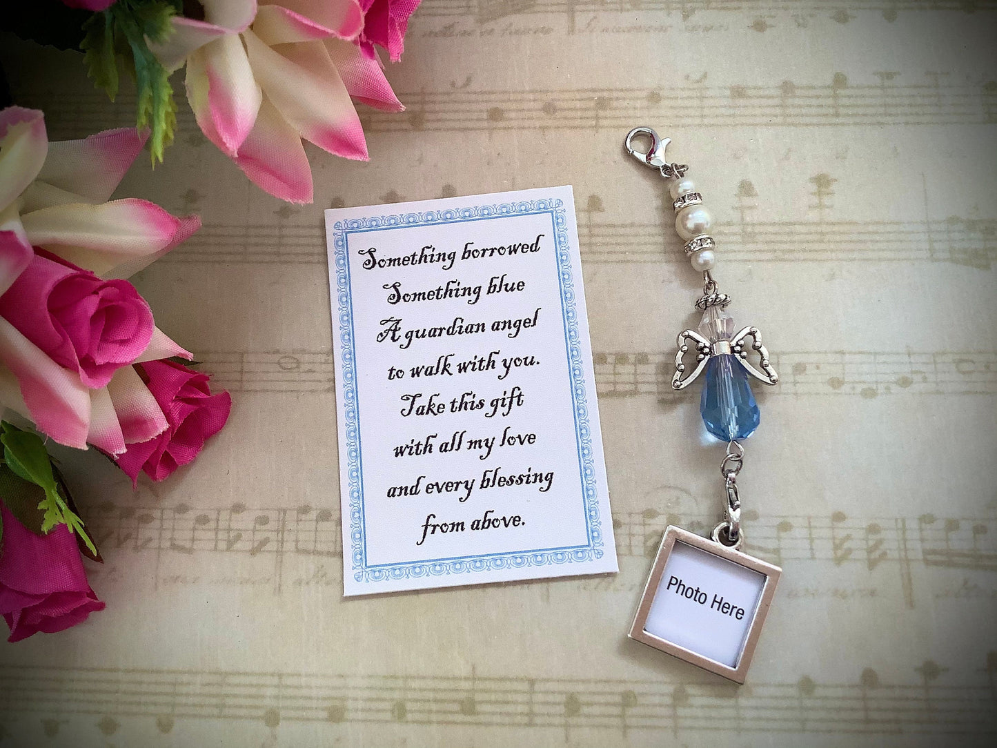 Wedding Bouquet Photo Charm, Something Blue Wedding Bouquet Angel w/Card Wedding Dress Angel, Guardian Angel Bridal Shower Gift, Bride Gift