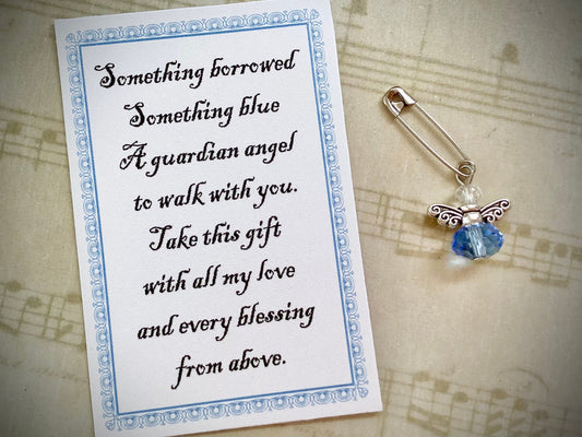 Angel for the Bride, Tiny Pin, Something Blue Glass Wedding Dress Angel w/Card - Slip Charm Wedding Dress Angel, Bridal Shower, Garter Charm