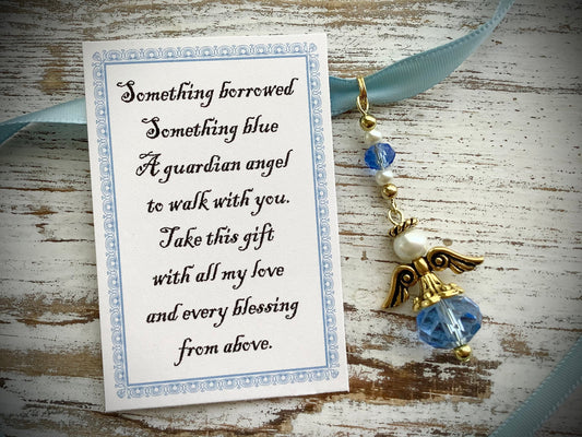 Something Borrowed Something Blue Glass Wedding Bouquet Angel w/Card Wedding Dress Angel, Guardian Angel Bridal Shower, Angel on Blue Ribbon