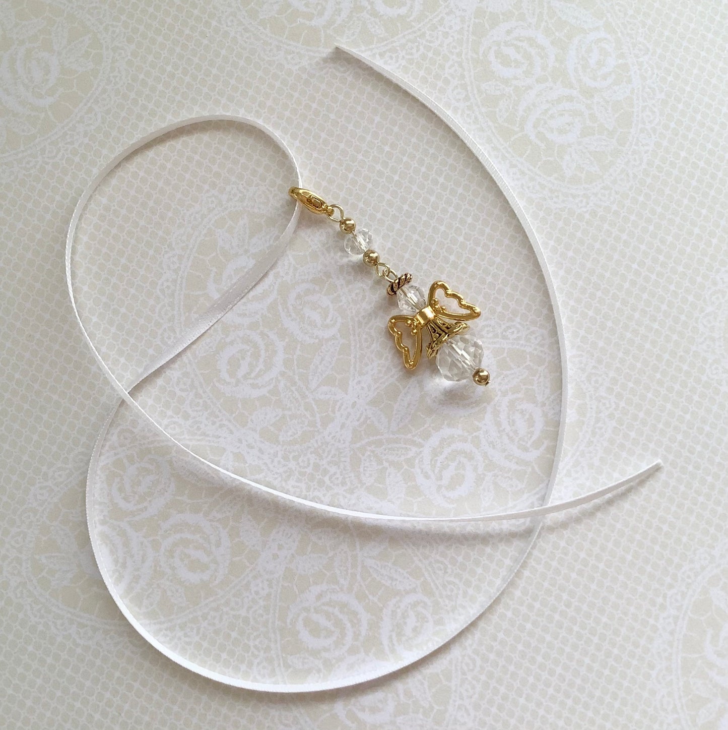 Angel on Ribbon for tying to wedding bouquets, memorial bouquets, clear glass crystal angel, gold angel charm, sun catcher charm for car