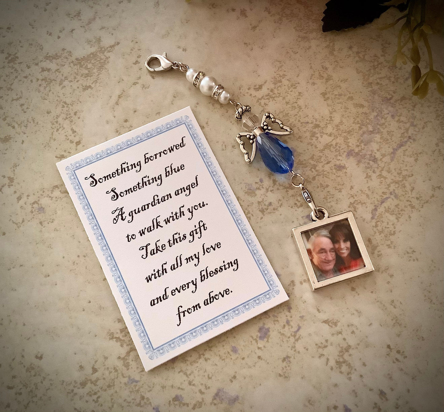 Wedding Bouquet Photo Charm, Something Blue Wedding Bouquet Angel w/Card Wedding Dress Angel, Guardian Angel Bridal Shower Gift, Bride Gift