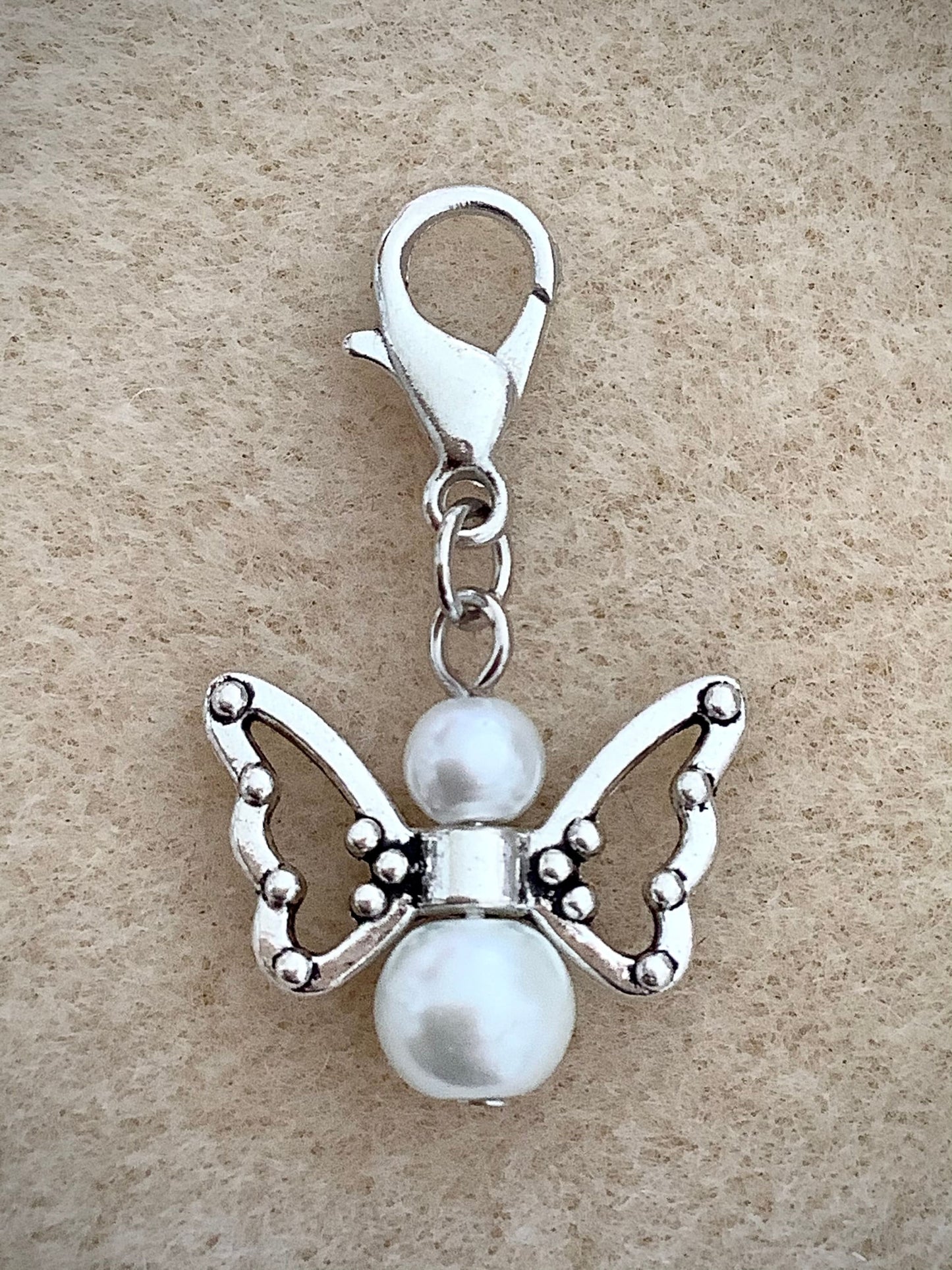 Zipper Pull Charms Butterfly Angel Glass Pearl White Silver Zipper Pulls, Clip on charms with lobster claw clasps, girls charms, gift charms