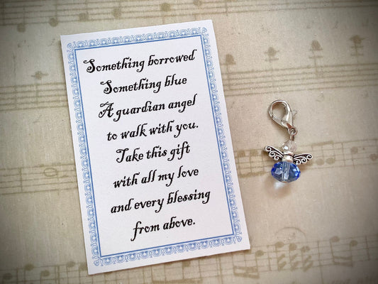 Angel for the Bride, Tiny Zipper Pull, Something Blue Glass Wedding Necklace Angel w/Card - Wedding Dress Angel, Bridal Shower, Garter Charm