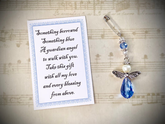 Something Borrowed Something Blue Glass Wedding Bouquet Angel w/Card Wedding Dress Angel, Guardian Angel Bridal Shower, Angel for bride pin