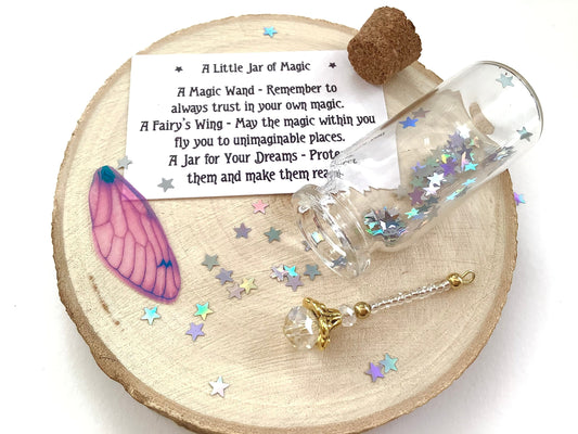 A Little Jar of Magic - gift of magic - contains a miniature magic wand, a fairy wing, stardust glitter and note, tiny jar of magical things