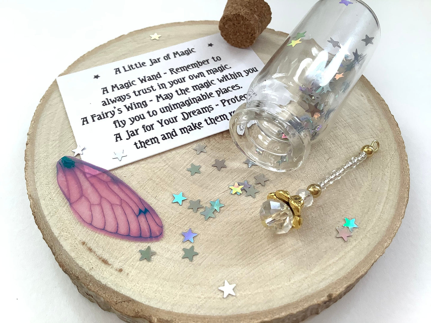 A Little Jar of Magic - gift of magic - contains a miniature magic wand, a fairy wing, stardust glitter and note, tiny jar of magical things