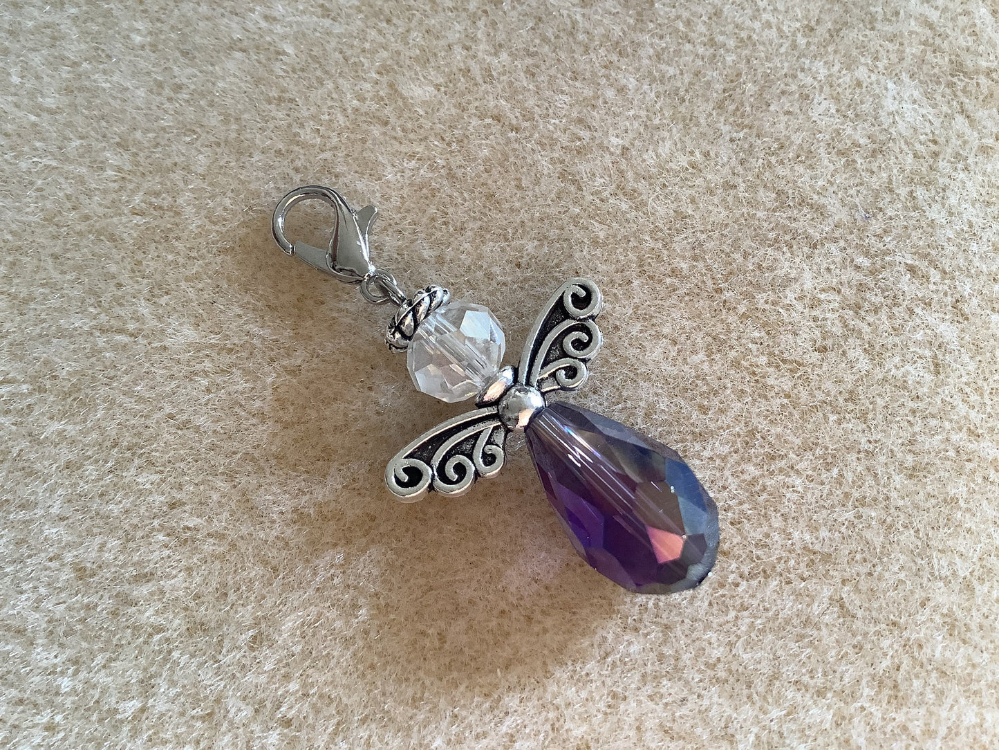 Guardian Angel Charm with Lobster Clasp Clear, Opal Or Purple Crystal and Tibetan Silver Beads, October Birthstone Angel Gift Stitch Keeper