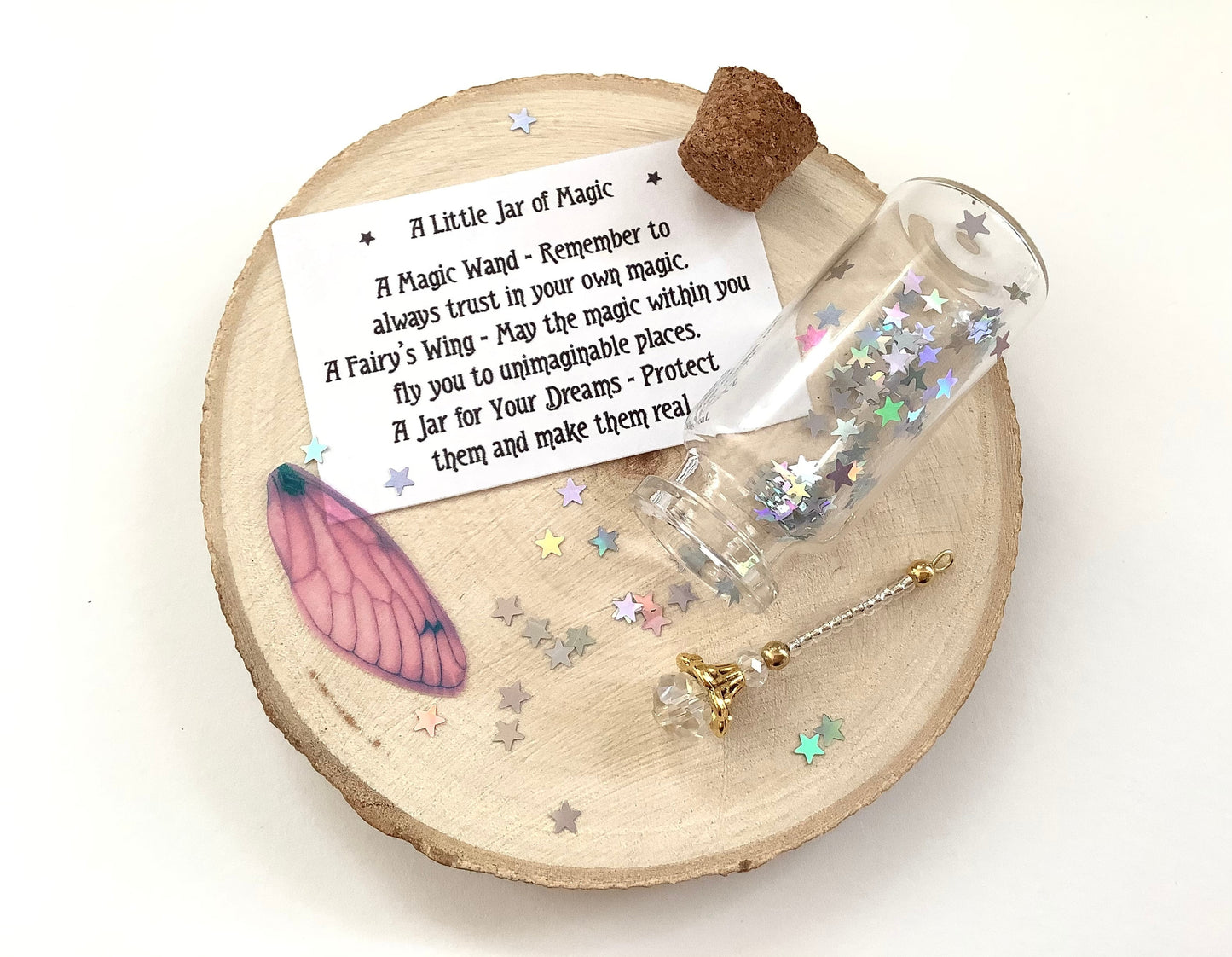 A Little Jar of Magic - gift of magic - contains a miniature magic wand, a fairy wing, stardust glitter and note, tiny jar of magical things