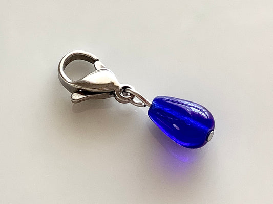 Clip on charm, deep sapphire blue teardrop polished Czech crystal, dainty, something blue, garter charm, add on charm, September birthstone