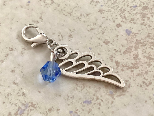 Blue Crystal Angel Wing Charm Clip on Lobster Clasp for Bracelet, Tibetan Silver Wing Light Blue Crystal, Locket Dangle, Bridal Garter Charm