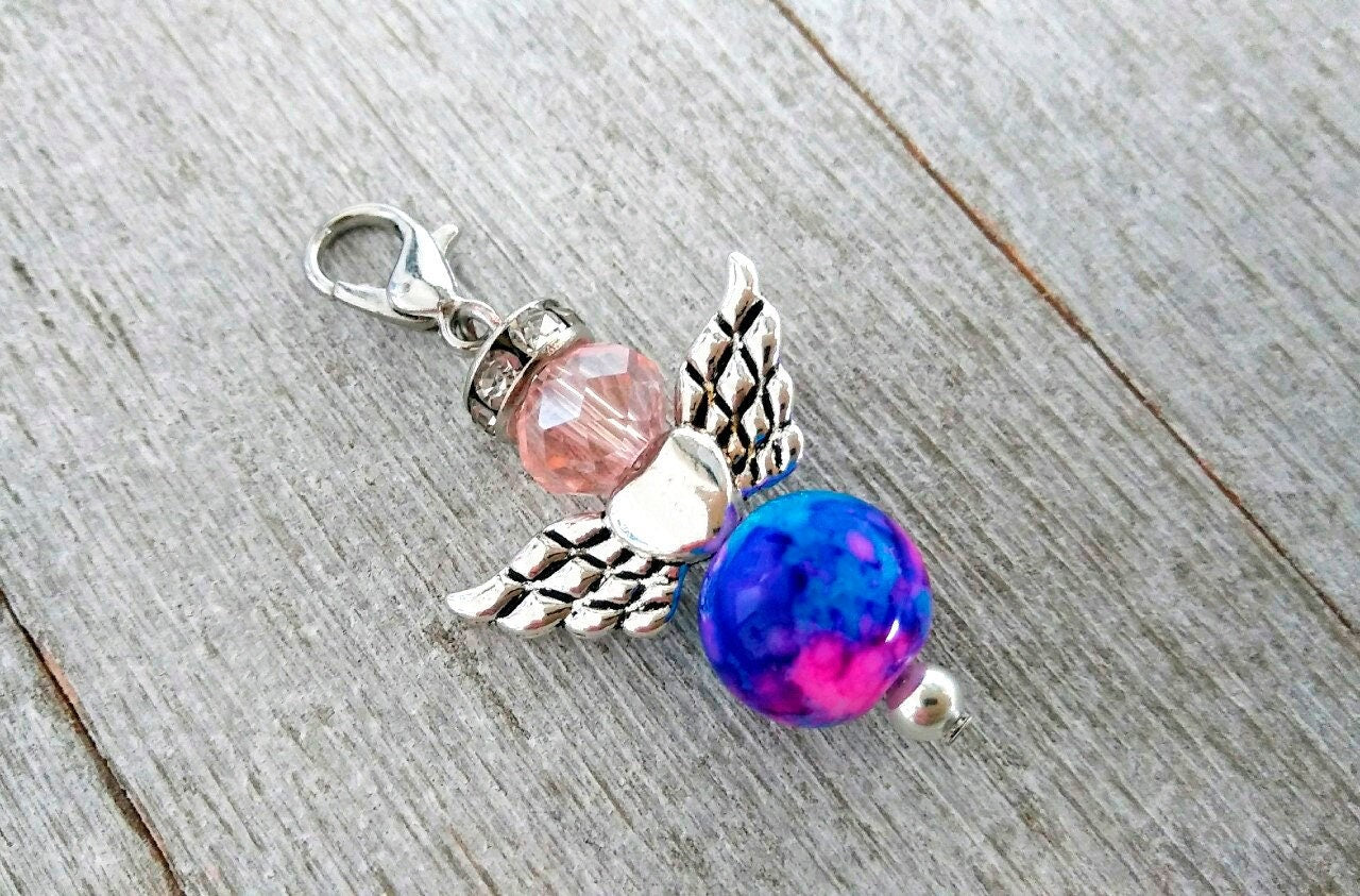 Guardian Angel Clip On Lobster Clasp Charm, Stitch Marker, Stitch Keeper, Lobster Claw, Colorful Glass Beads, Keychain Charm, Planner Charm