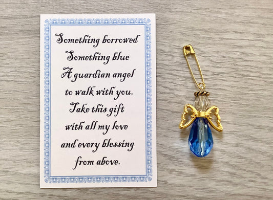 Something Borrowed Something Blue Glass Wedding Bouquet Angel w/Card Wedding Dress Angel, Guardian Angel Pin, Angel on Ribbon, Blue and Gold